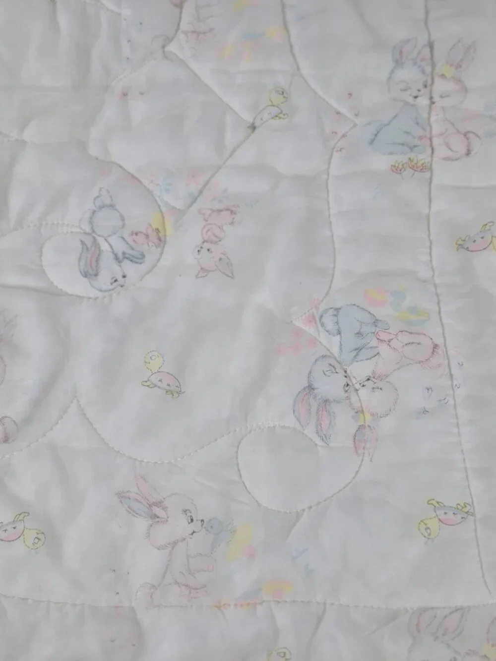 Vintage Sears Satin Quilted Baby Comforter Blanket Sheer Lace Trim Bunny Graphic